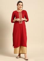 Chinon Maroon Casual Wear Embroidery Work Readymade Kurti With Plazzo